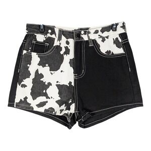 XS 2 Black White Cow Print High Waisted Denim‎ Shorts Contrast Stitching NWT